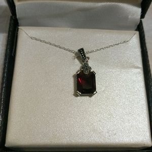 Marcasite In Sterling Silver Garnet Cubic Zirconia Pendant 18 Inches NIB